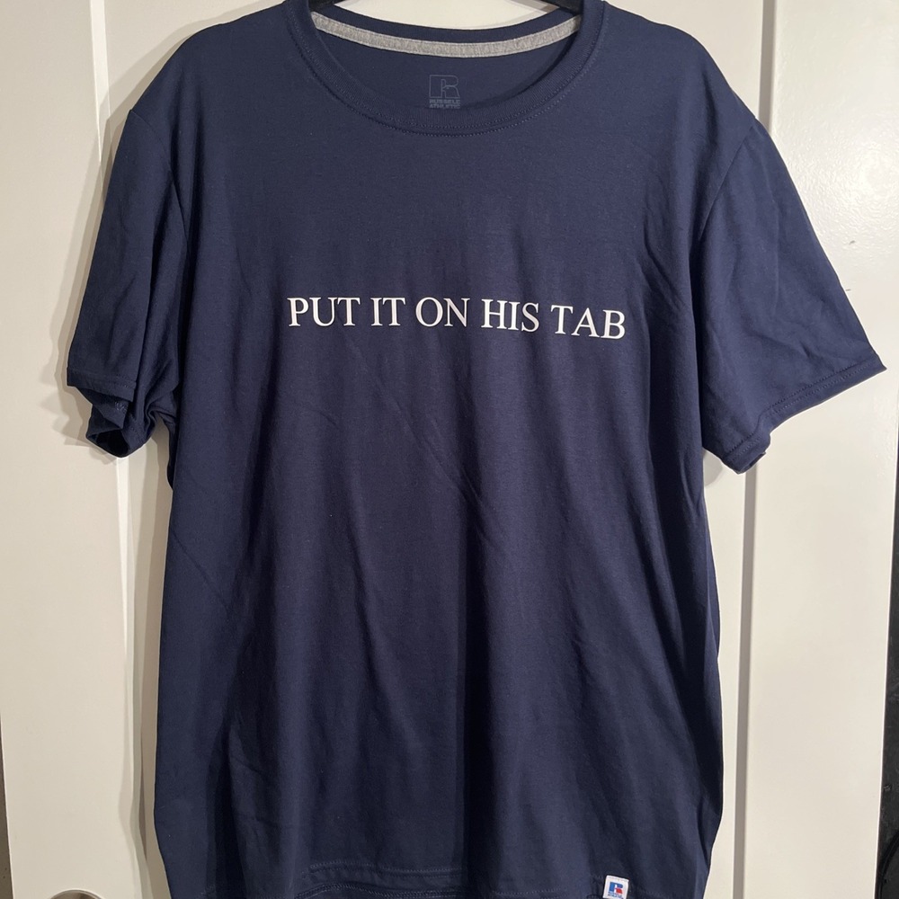 Russell Athletic Put It On His Tab Funny Wedding Blue Tshirt Mens Large
